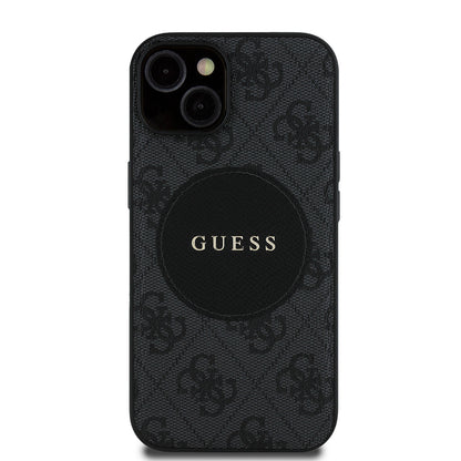Apple iPhone 14 Kılıf Guess Orjinal Lisanslı M-safe Şarj Özellikli Yazı Logolu Circle Classic Kapak Siyah
