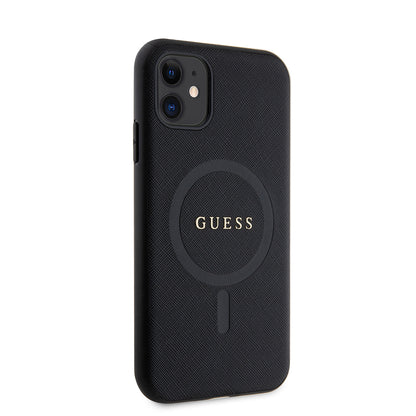 Apple iPhone 14 Kılıf Guess Orjinal Lisanslı M-safe Şarj Özellikli Yazı Logolu Saffiano Classic Kapak Siyah