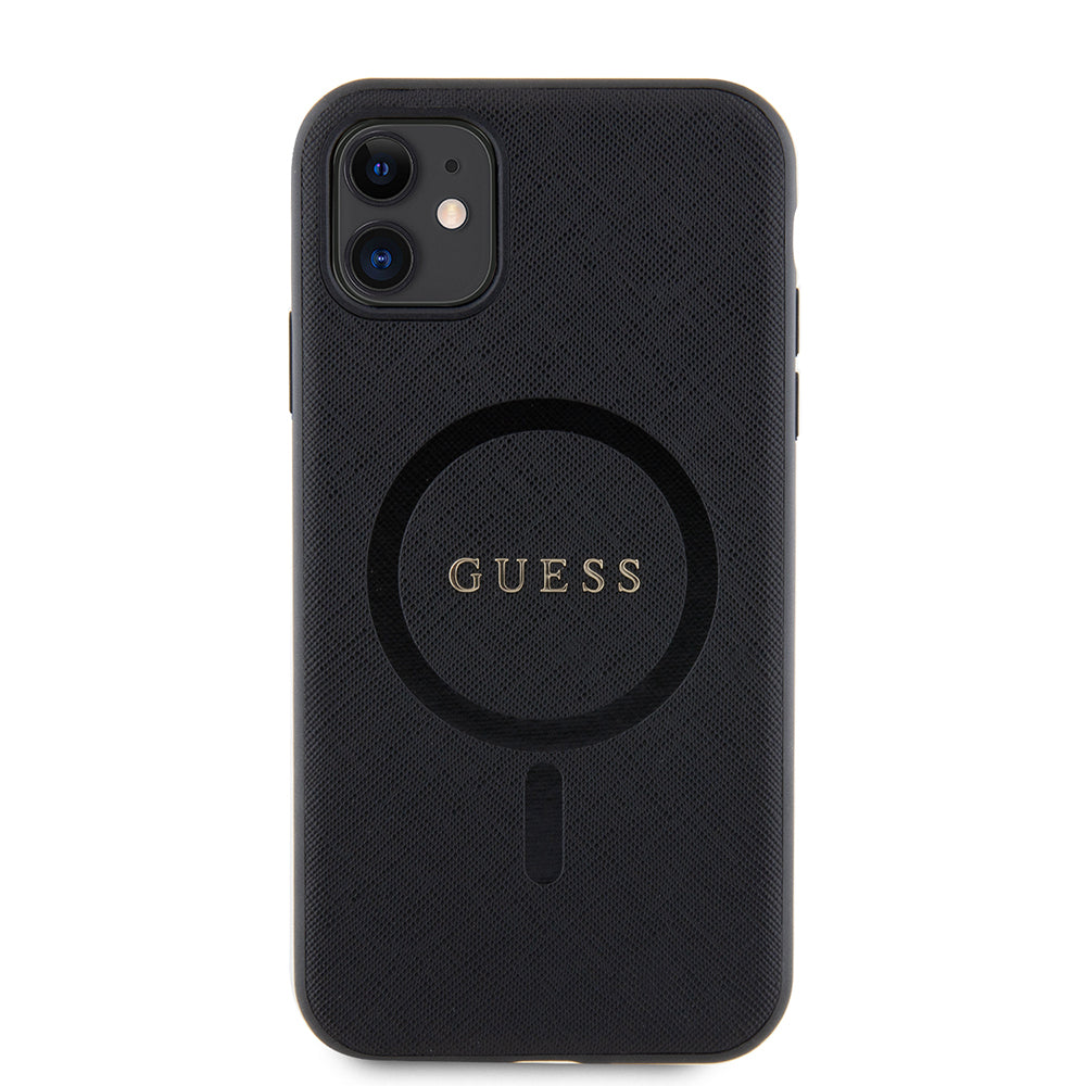 Apple iPhone 14 Kılıf Guess Orjinal Lisanslı M-safe Şarj Özellikli Yazı Logolu Saffiano Classic Kapak Siyah