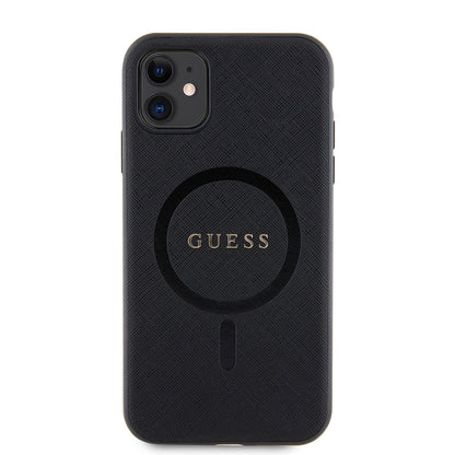 Apple iPhone 14 Kılıf Guess Orjinal Lisanslı M-safe Şarj Özellikli Yazı Logolu Saffiano Classic Kapak Siyah