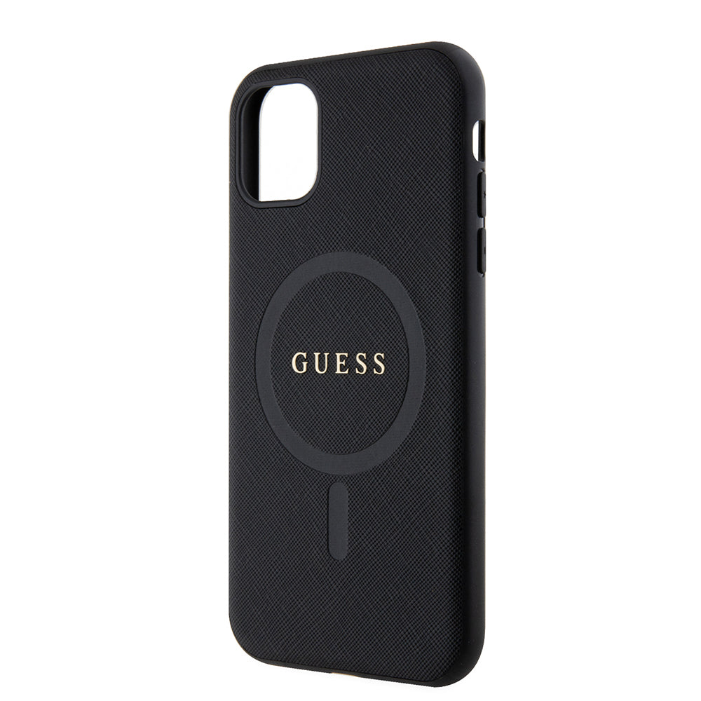Apple iPhone 14 Kılıf Guess Orjinal Lisanslı M-safe Şarj Özellikli Yazı Logolu Saffiano Classic Kapak Siyah