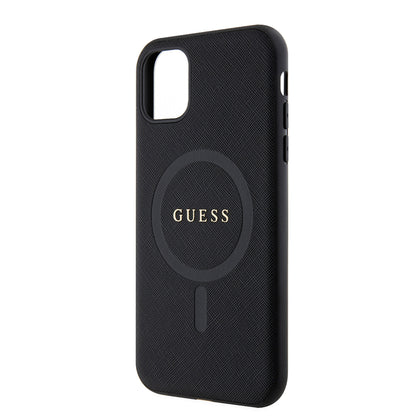 Apple iPhone 14 Kılıf Guess Orjinal Lisanslı M-safe Şarj Özellikli Yazı Logolu Saffiano Classic Kapak Siyah