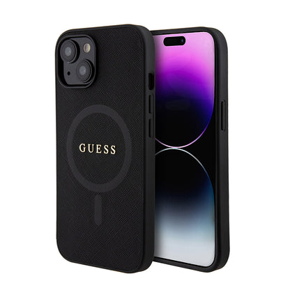 Apple iPhone 14 Kılıf Guess Orjinal Lisanslı M-safe Şarj Özellikli Yazı Logolu Saffiano Classic Kapak Siyah