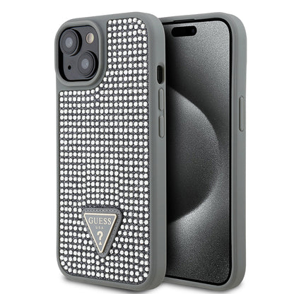 Apple iPhone 14 Kılıf Guess Orjinal Lisanslı Taşlı Arka Yüzey Üçgen Logolu Kapak Gümüş