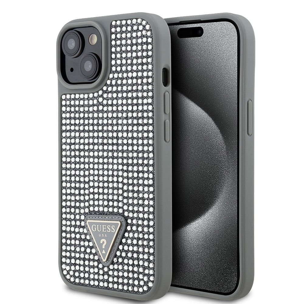 Apple iPhone 14 Kılıf Guess Orjinal Lisanslı Taşlı Arka Yüzey Üçgen Logolu Kapak Pembe