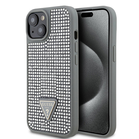 Apple iPhone 14 Kılıf Guess Orjinal Lisanslı Taşlı Arka Yüzey Üçgen Logolu Kapak Gold