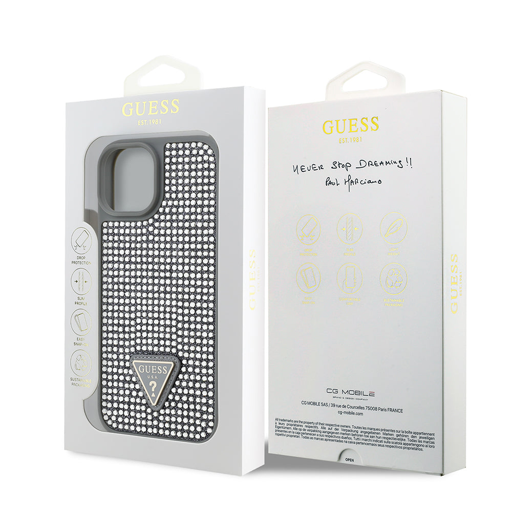 Apple iPhone 14 Kılıf Guess Orjinal Lisanslı Taşlı Arka Yüzey Üçgen Logolu Kapak Siyah