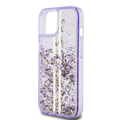 Apple iPhone 14 Kılıf Guess Orjinal Lisanslı Transparan Sıvılı Simli Altın Çizgili Kapak Pembe