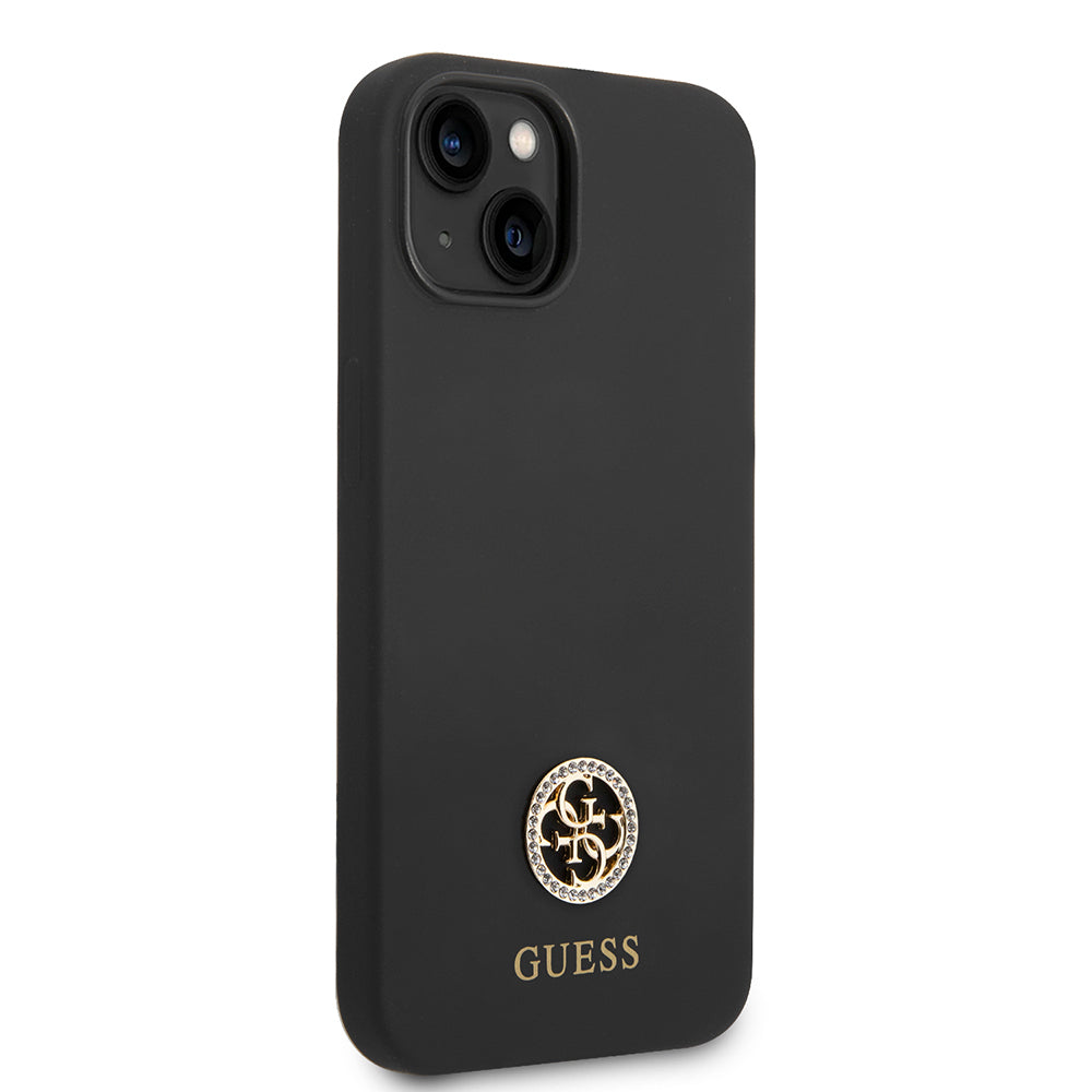 Apple iPhone 14 Kılıf Guess Orjinal Lisanslı Yazı ve Taşlı 4G Logolu Silikon Kapak Siyah