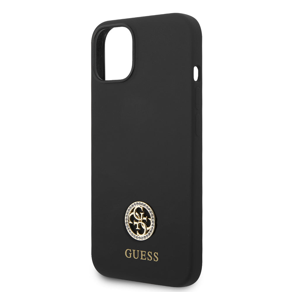 Apple iPhone 14 Kılıf Guess Orjinal Lisanslı Yazı ve Taşlı 4G Logolu Silikon Kapak Siyah
