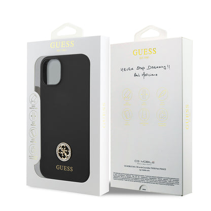 Apple iPhone 14 Kılıf Guess Orjinal Lisanslı Yazı ve Taşlı 4G Logolu Silikon Kapak Siyah