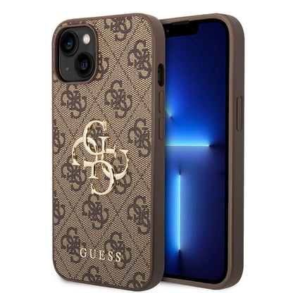 Apple iPhone 14 Kılıf Guess PU Deri Büyük Metal Logo Dizaynlı Kapak Pembe