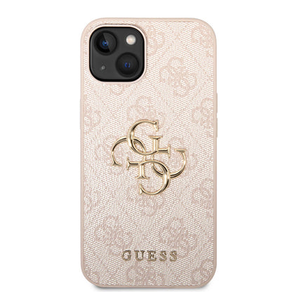 Apple iPhone 14 Kılıf Guess PU Deri Büyük Metal Logo Dizaynlı Kapak Pembe