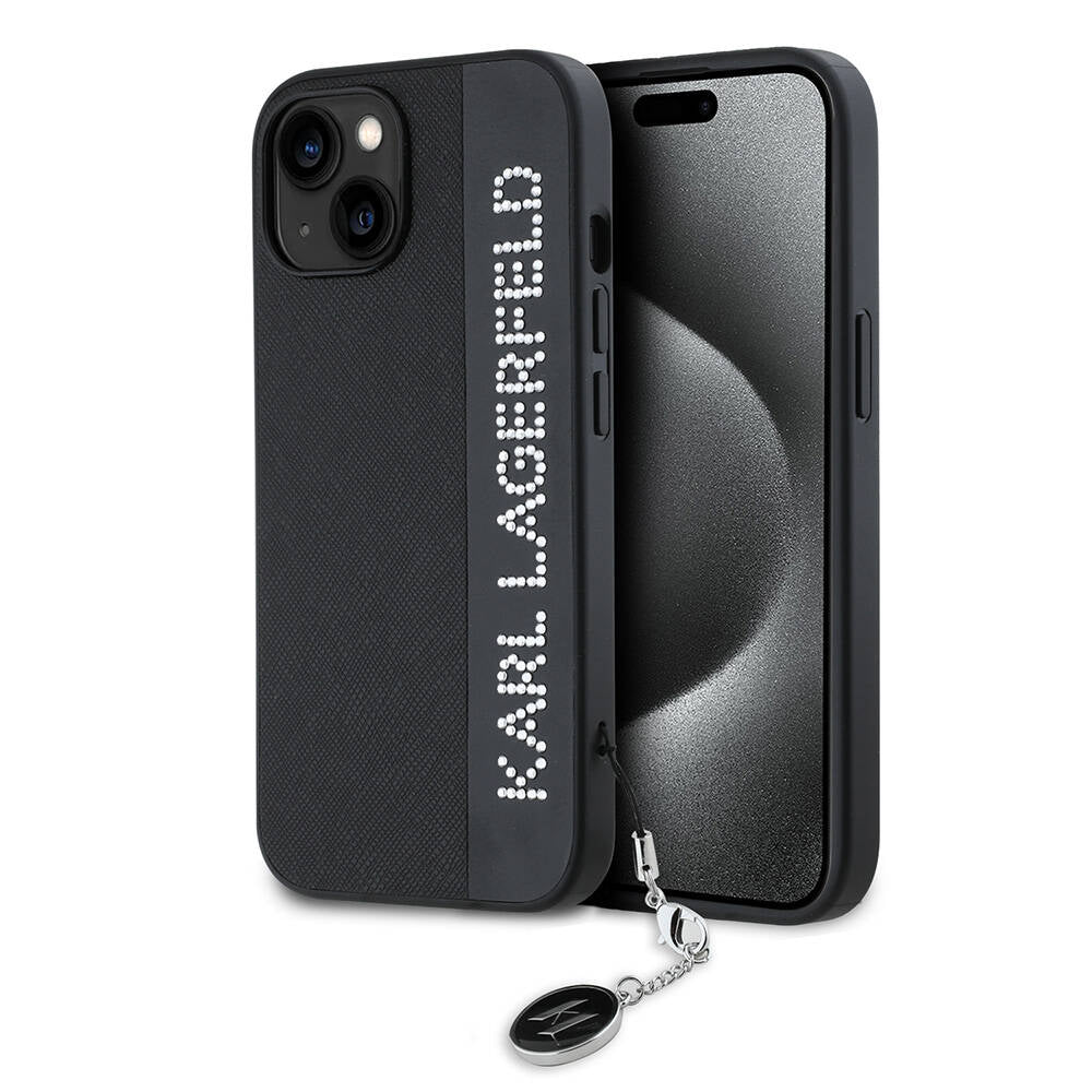 Apple iPhone 14 Kılıf Karl Lagerfeld Orjinal Lisanslı Anahtarlıklı Taşlı KL Yazılı Saffiano Rhinestones Kapak Pembe
