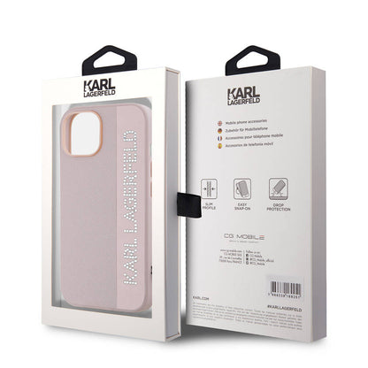 Apple iPhone 14 Kılıf Karl Lagerfeld Orjinal Lisanslı Anahtarlıklı Taşlı KL Yazılı Saffiano Rhinestones Kapak Pembe