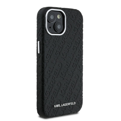 Apple iPhone 14 Kılıf Karl Lagerfeld Orjinal Lisanslı PU Deri Damgalı Metal Yazı Logolu Kapak Siyah
