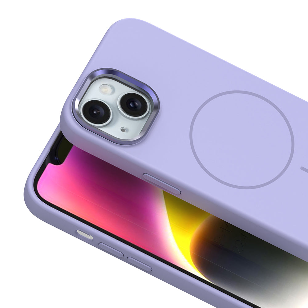 Apple iPhone 14 Kılıf M-Safe Şarj Özellikli Metal Kamera Çerçeveli Zore Edi Silikon Kapak Lavendery Gray