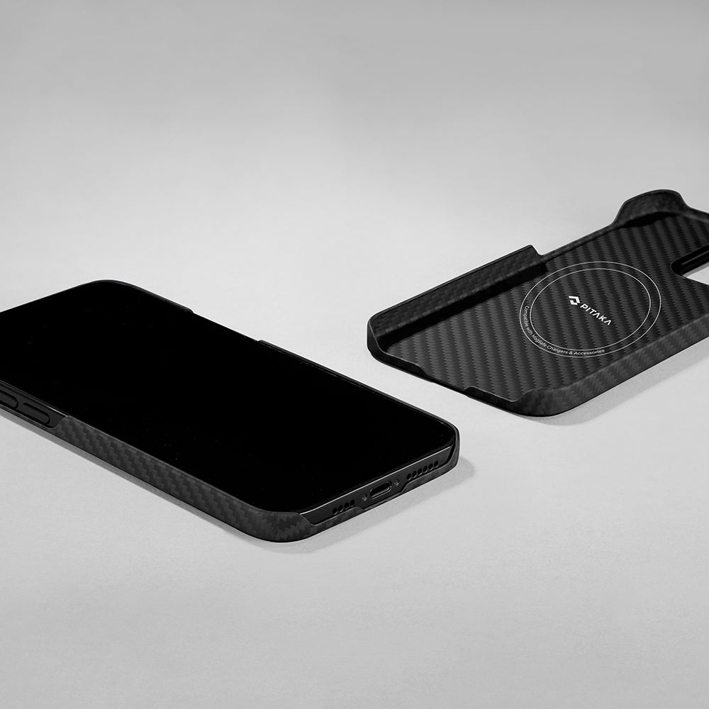 Apple iPhone 14 Kılıf M-safe Şarj Özellikli 1500D Aramid Fiber Pitaka Ultra-Slim Classic Serisi Black-Grey Twill Kapak Siyah-Gri