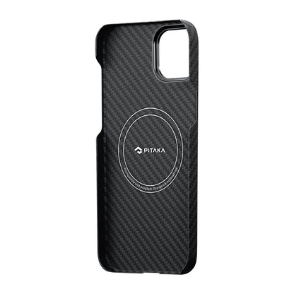 Apple iPhone 14 Kılıf M-safe Şarj Özellikli 1500D Aramid Fiber Pitaka Ultra-Slim Classic Serisi Black-Grey Twill Kapak Siyah-Gri