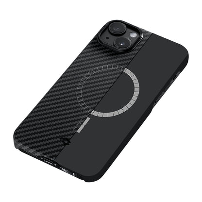 Apple iPhone 14 Kılıf M-safe Şarj Özellikli 1500D Aramid Fiber Pitaka Ultra-Slim Classic Serisi Black-Grey Twill Kapak Siyah-Gri