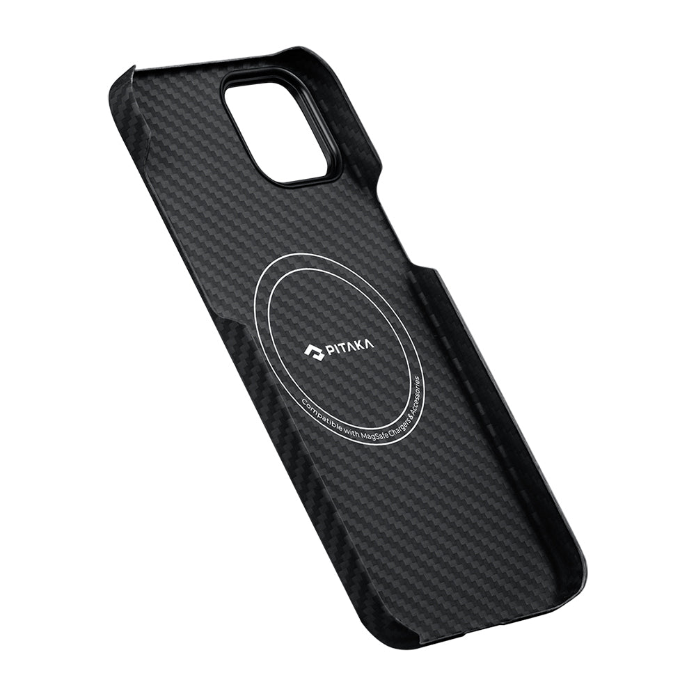 Apple iPhone 14 Kılıf M-safe Şarj Özellikli 1500D Aramid Fiber Pitaka Ultra-Slim Classic Serisi Black-Grey Twill Kapak Siyah-Gri