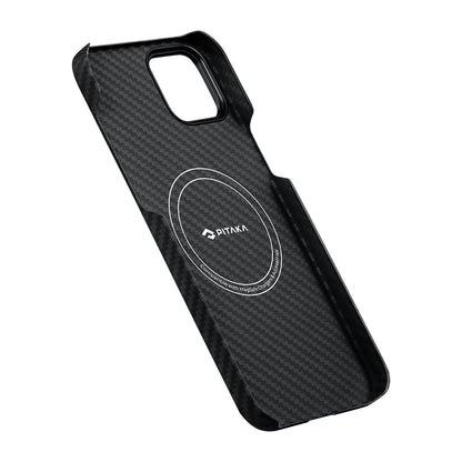 Apple iPhone 14 Kılıf M-safe Şarj Özellikli 1500D Aramid Fiber Pitaka Ultra-Slim Classic Serisi Black-Grey Twill Kapak Siyah-Gri