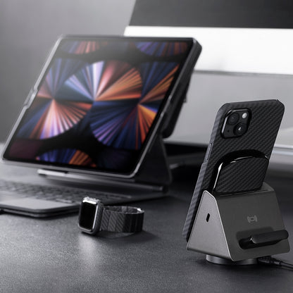 Apple iPhone 14 Kılıf M-safe Şarj Özellikli 1500D Aramid Fiber Pitaka Ultra-Slim Classic Serisi Black-Grey Twill Kapak Siyah-Gri