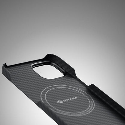 Apple iPhone 14 Kılıf M-safe Şarj Özellikli 1500D Aramid Fiber Pitaka Ultra-Slim Classic Serisi Black-Grey Twill Kapak Siyah-Gri