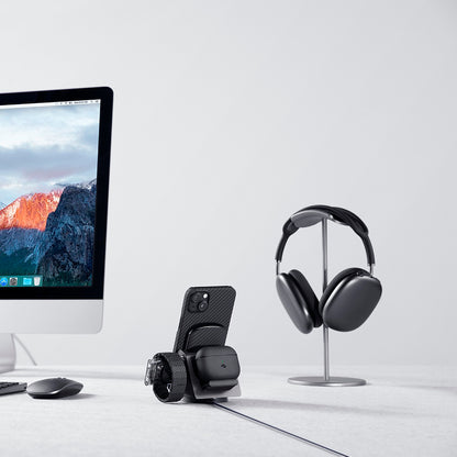 Apple iPhone 14 Kılıf M-safe Şarj Özellikli 1500D Aramid Fiber Pitaka Ultra-Slim Classic Serisi Black-Grey Twill Kapak Siyah-Gri