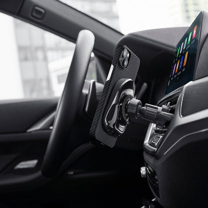 Apple iPhone 14 Kılıf M-safe Şarj Özellikli 1500D Aramid Fiber Pitaka Ultra-Slim Classic Serisi Black-Grey Twill Kapak Siyah-Gri