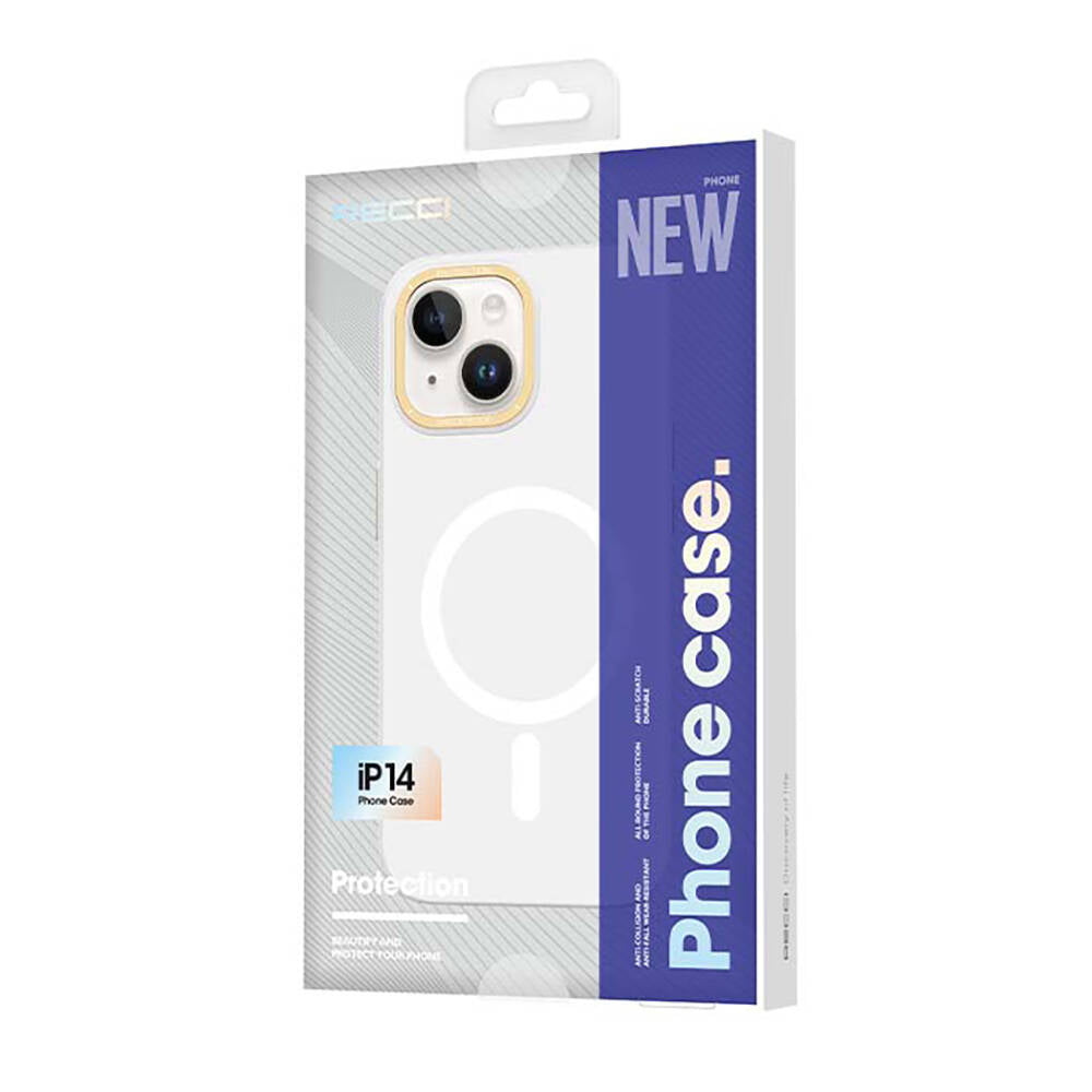 Apple iPhone 14 Kılıf M-safe Şarj Özellikli Metal Kamera Çerçeveli Recci Glaze Serisi Kapak Beyaz