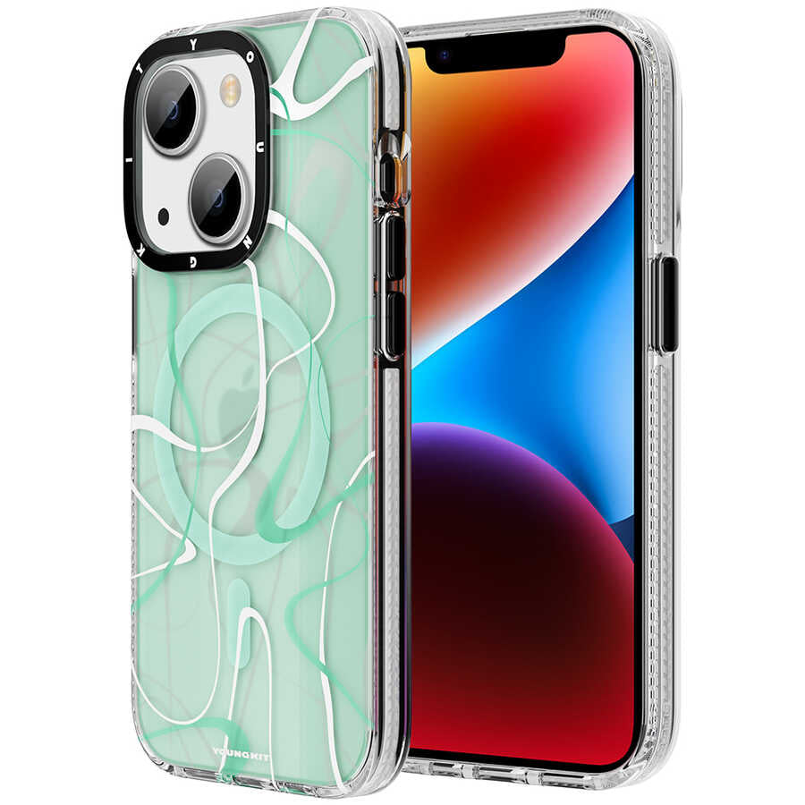 Apple iPhone 14 Kılıf M-safe Şarj Özellikli Youngkit Water-Ink Serisi Kapak Yeşil