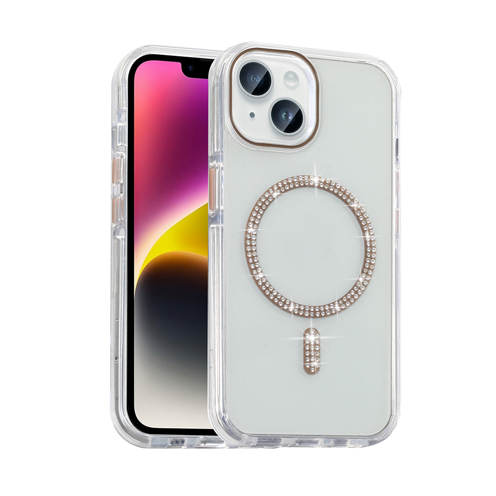 Apple iPhone 14 Kılıf Taşlı Tasarım M-safe Şarj Özellikli Zore Koment Silikon Kapak Gold