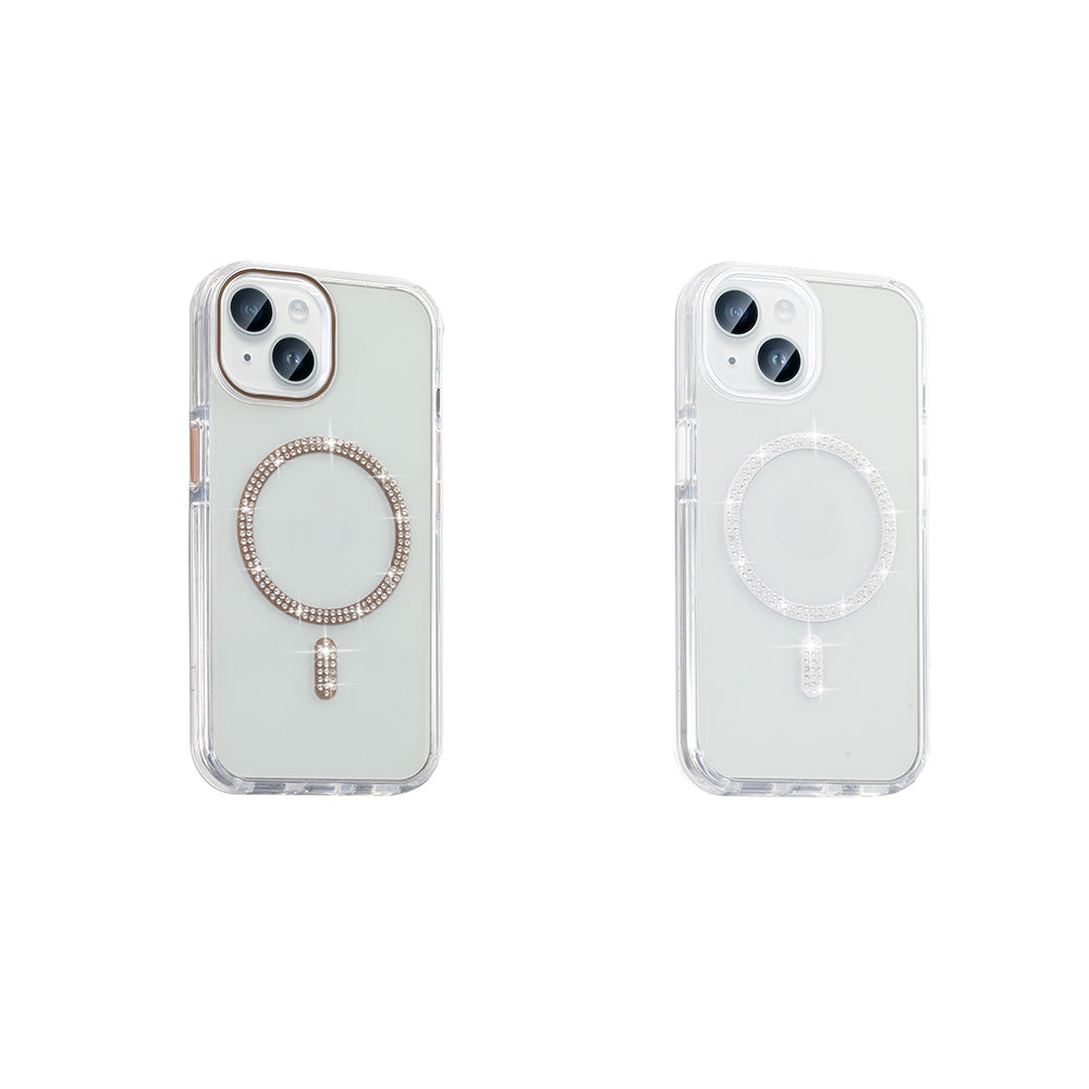 Apple iPhone 14 Kılıf Taşlı Tasarım M-safe Şarj Özellikli Zore Koment Silikon Kapak Gümüş