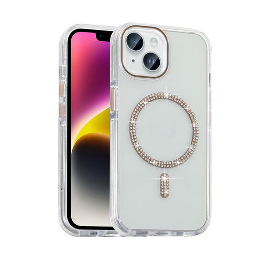 Apple iPhone 14 Kılıf Taşlı Tasarım M-safe Şarj Özellikli Zore Koment Silikon Kapak Gold