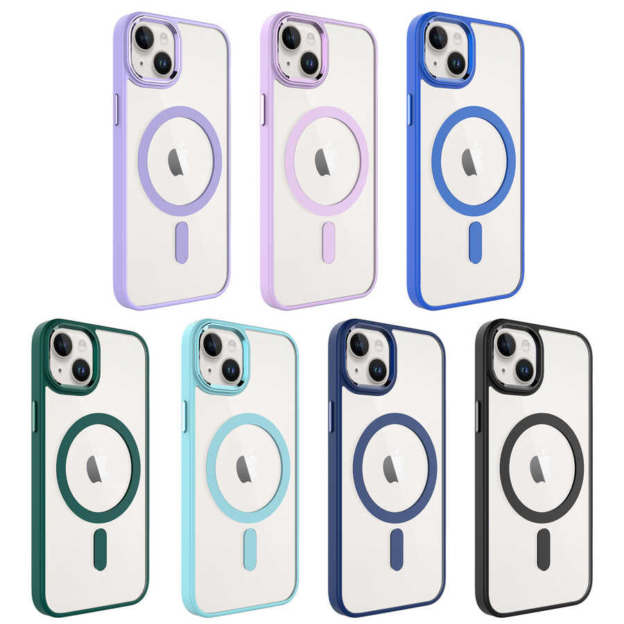 Apple iPhone 14 Kılıf Wireless Şarj Özellikli Zore Krom M-safe Silikon Kapak Mavi