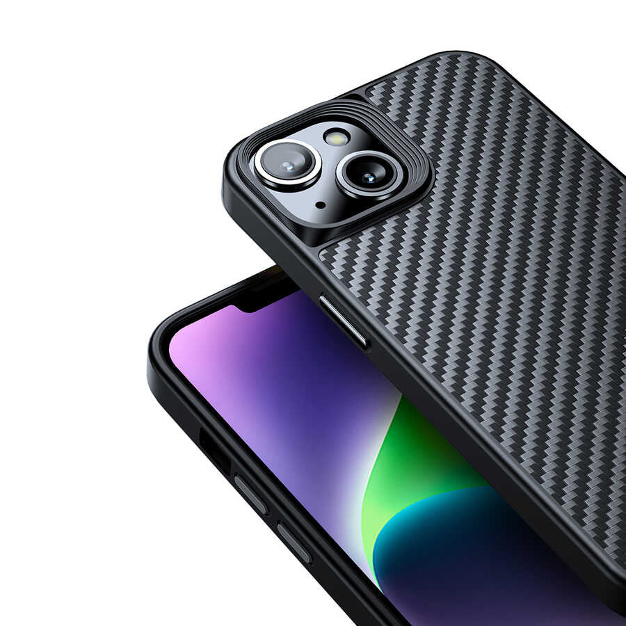 Apple iPhone 14 Plus Kılıf Aramid Karbon Fiber M-safe Özellikli Wlons Radison Kapak Siyah