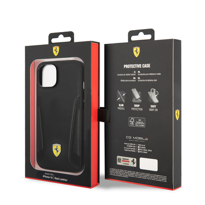 Apple iPhone 14 Plus Kılıf Ferrari Orjinal Lisanslı M-safe Şarj Özellikli Deri Kenarları Damgalı Dizayn Kapak Siyah