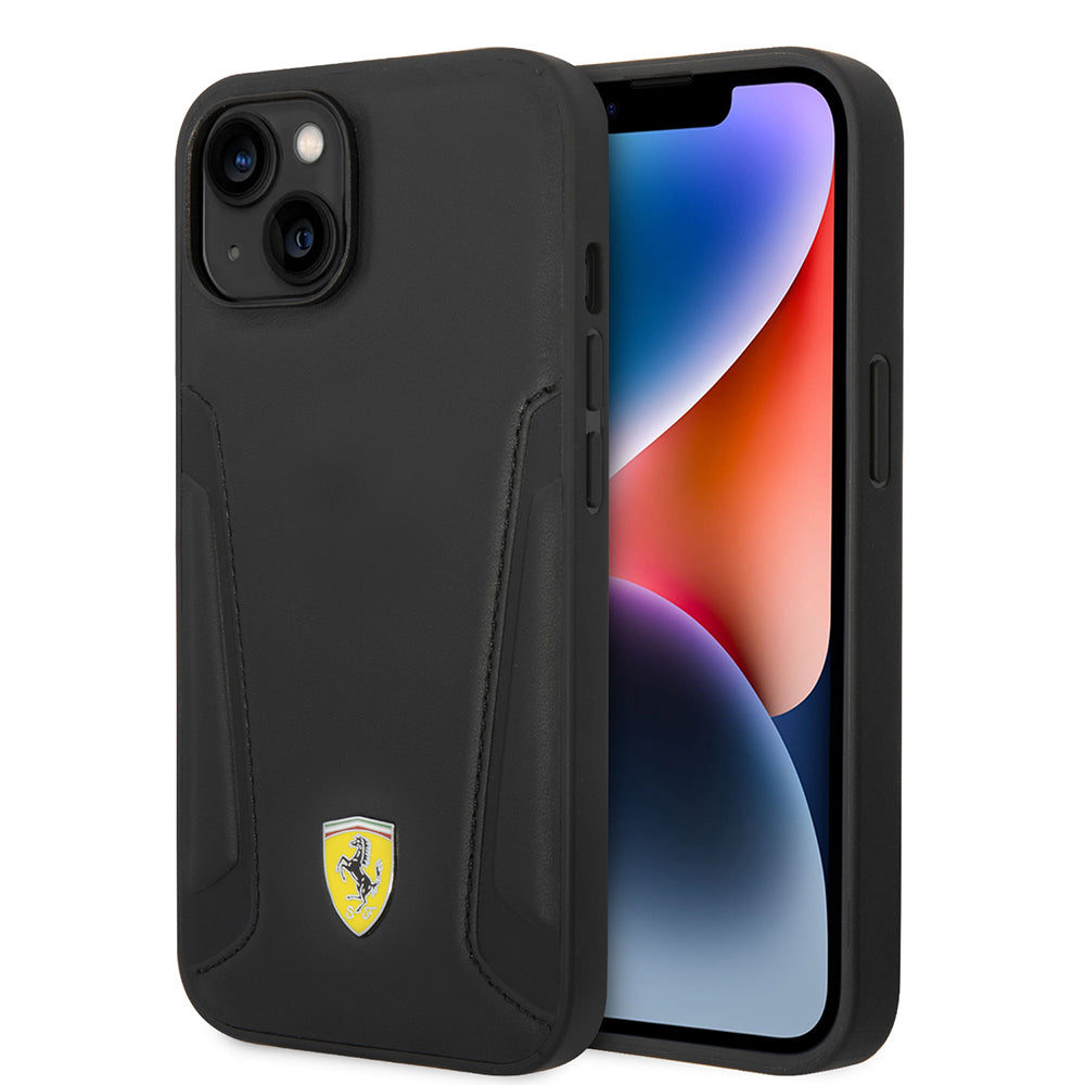 Apple iPhone 14 Plus Kılıf Ferrari Orjinal Lisanslı M-safe Şarj Özellikli Deri Kenarları Damgalı Dizayn Kapak Siyah