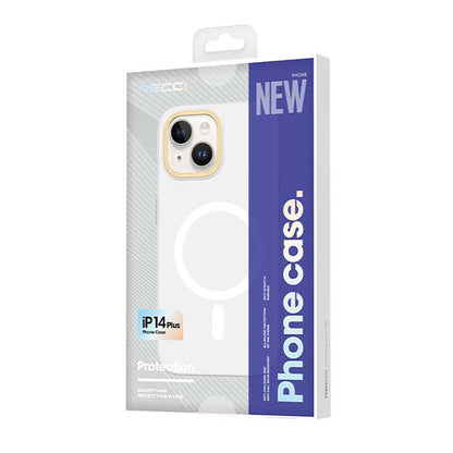 Apple iPhone 14 Plus Kılıf M-safe Şarj Özellikli Metal Kamera Çerçeveli Recci Glaze Serisi Kapak Beyaz