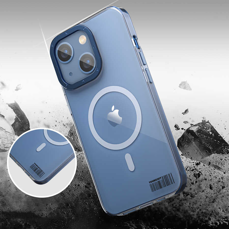 Apple iPhone 14 Plus Kılıf M-safe Şarj Özellikli Youngkit Coloured Glaze Serisi Kapak Mavi