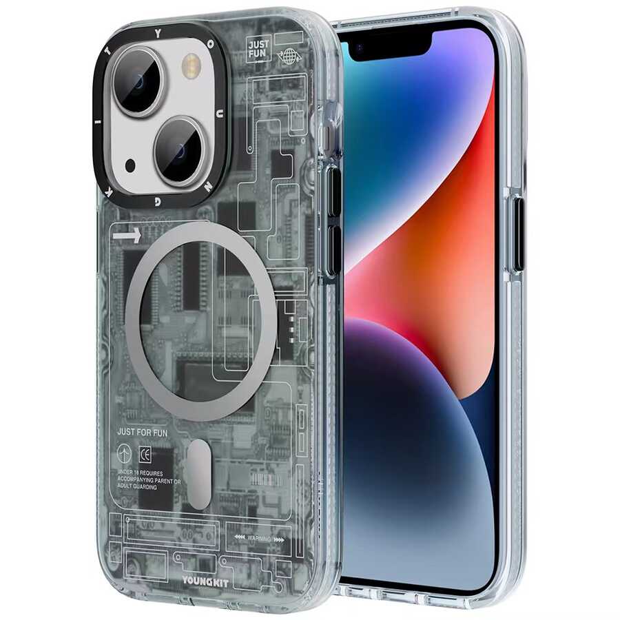 Apple iPhone 14 Plus Kılıf M-safe Şarj Özellikli YoungKit Technology Serisi Kapak Siyah