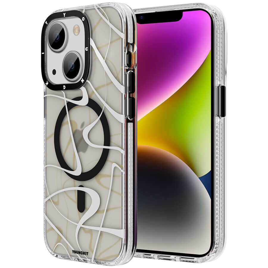 Apple iPhone 14 Plus Kılıf M-safe Şarj Özellikli Youngkit Water-Ink Serisi Kapak Siyah