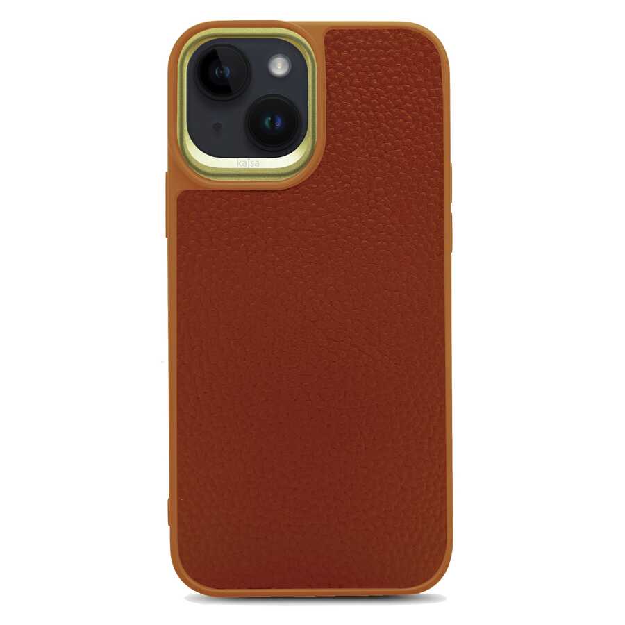 Apple iPhone 14 Plus Kılıf Soft Deri Metal Kamera Çerçeveli Kajsa Litchi Kapak