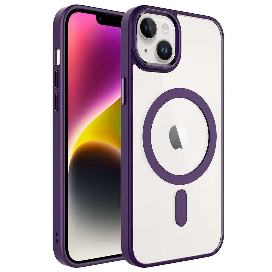 Apple iPhone 14 Plus Kılıf Wireless Şarj Özellikli Zore Krom M-safe Silikon Kapak Derin Mor