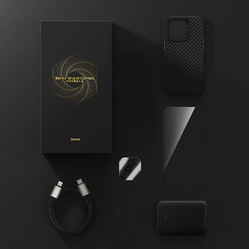 Apple iPhone 14 Pro Benks Grand Combo 5in1 Aksesuar Seti Kılıf-Ekran Koruyucu-Lens Koruyucu-Kablo-Powerbank Siyah