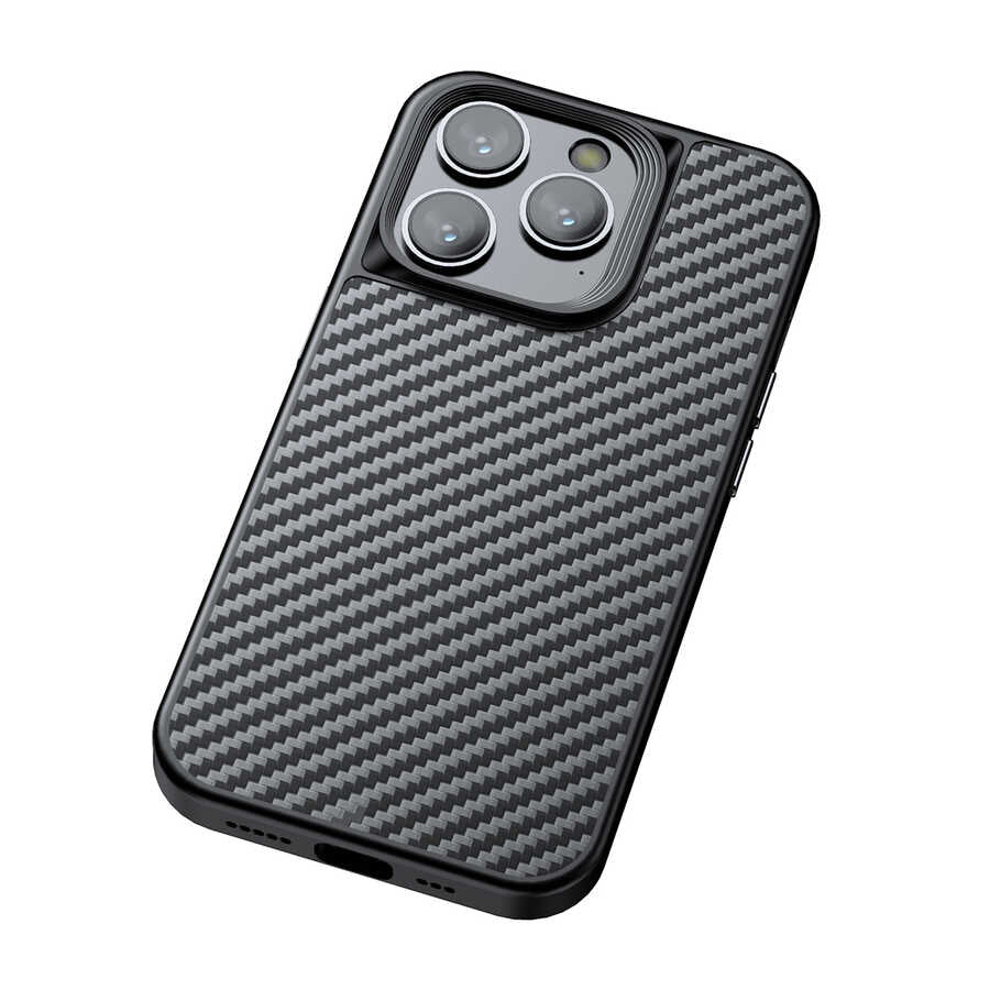 Apple iPhone 14 Pro Kılıf Aramid Karbon Fiber M-safe Özellikli Wlons Radison Kapak Siyah