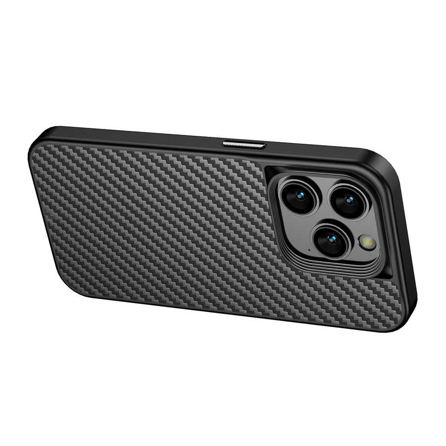 Apple iPhone 14 Pro Kılıf Aramid Karbon Fiber M-safe Özellikli Wlons Radison Kapak Siyah