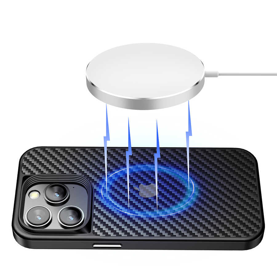 Apple iPhone 14 Pro Kılıf Aramid Karbon Fiber M-safe Özellikli Wlons Radison Kapak Siyah