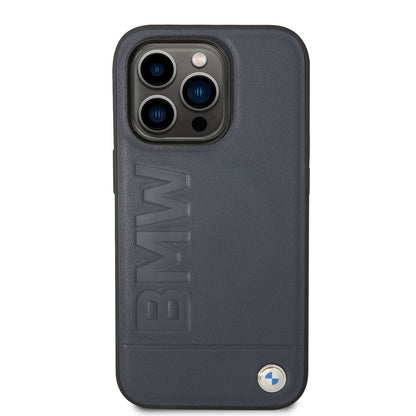 Apple iPhone 14 Pro Kılıf BMW M-safe Şarj Özellikli Deri Sıcak Mühür Baskılı Logo Dizayn Kapak Petrol Mavi